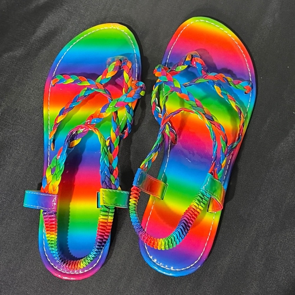 Rainbow Braided Strappy Sandals Flat Slingback Thong Pride Shoes Womens 39